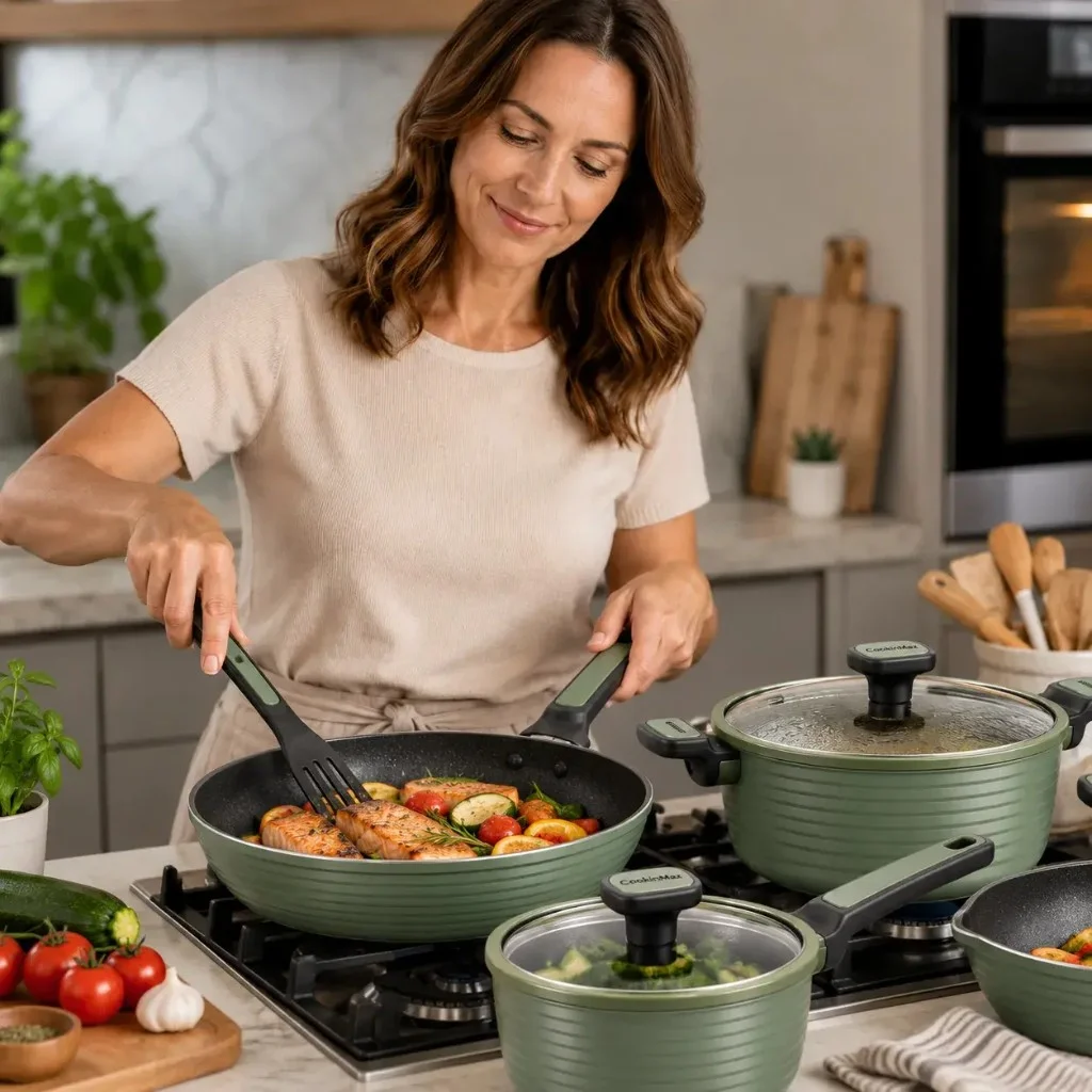 CookingMax in cucina — cottura su piano gas con set verde salvia