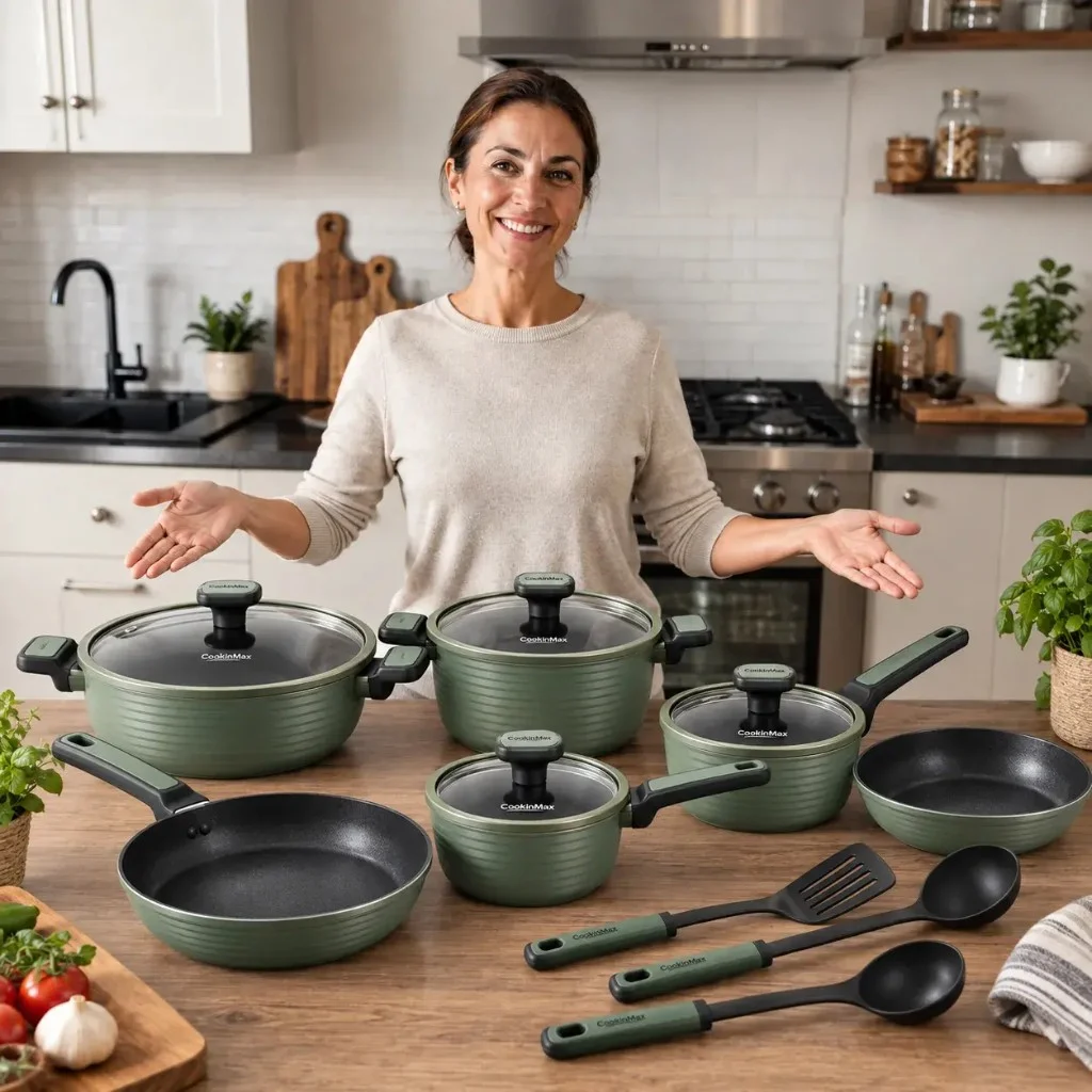 Tutti i 12 pezzi CookingMax verde salvia — pentole, padelle e utensili inclusi