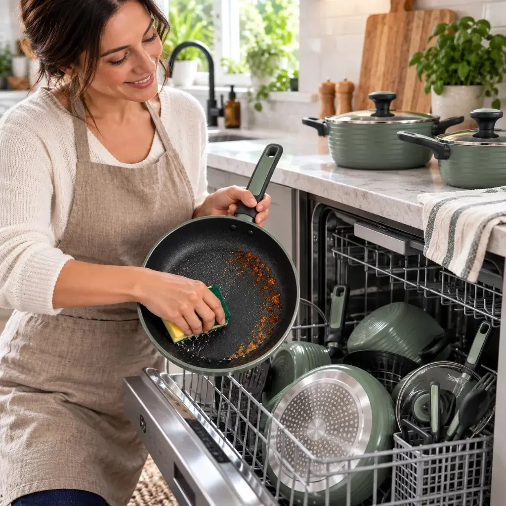 Prova di pulizia CookingMax: residui via con una spugna e set lavabile in lavastoviglie