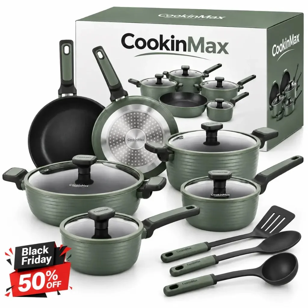 CookingMax 12-piece cookware set — sage green stainless steel tri-ply with ceramic layers